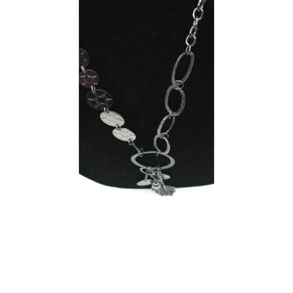 Textured Silver Tone Long Statement Necklace With Layered Coin Pendants & Tassel - Picture 3 of 6